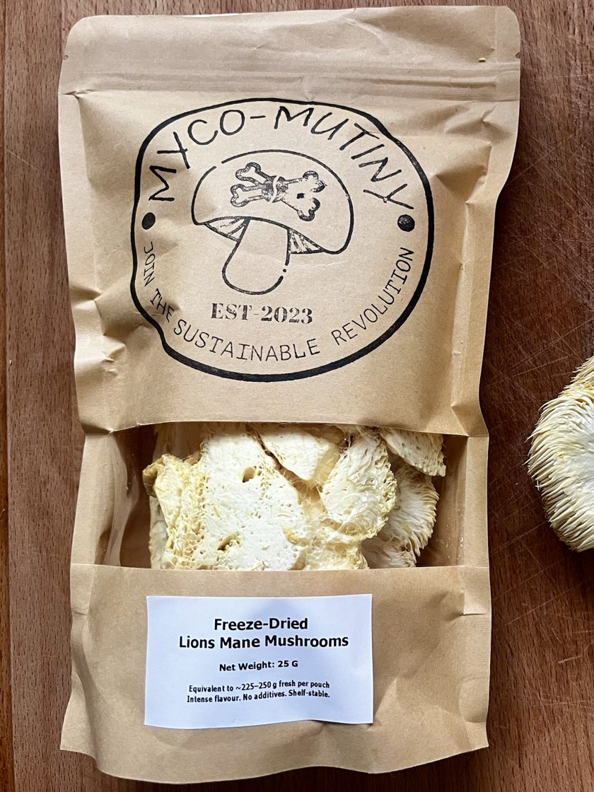 Freeze-dried lion's mane in a Myco-Mutiny kraft pouch