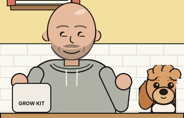 Cartoon of the grower and his dog beside a grow kit